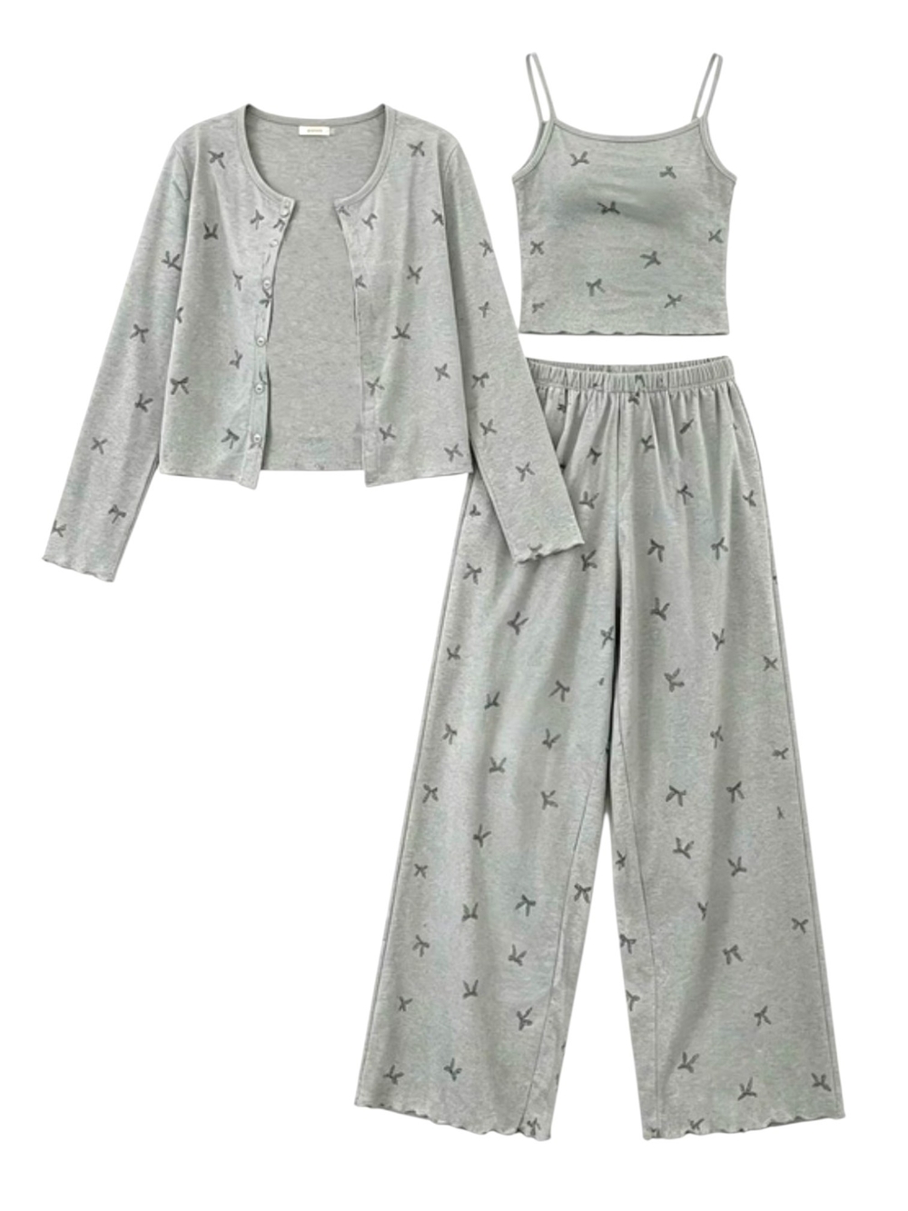 Bow Print 3pc PJ Set L Gray Wide Leg Coquette Lounge Balletcore SoftGirl Comfy